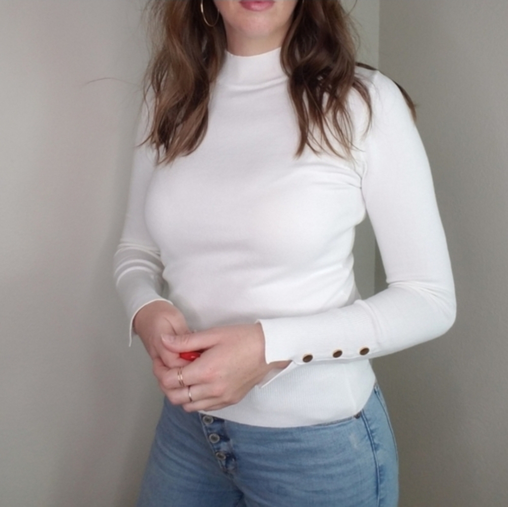LA MIEL White Mock Neck Slim Fit  Long Sleeve Knit - Picture 2 of 7